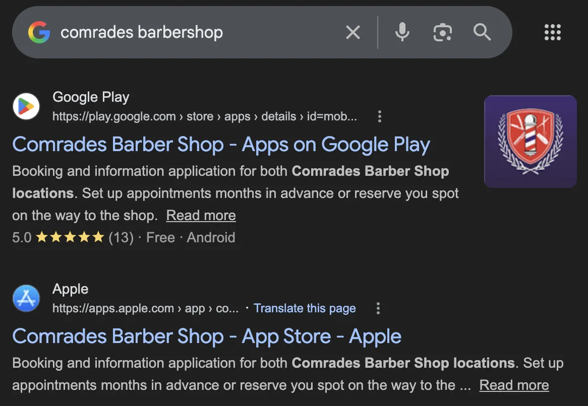 Barbershop mobile app appearing in Google search results