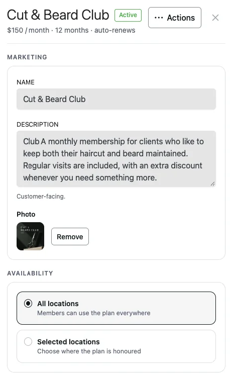 Plan name, description, photo and the locations where it is valid