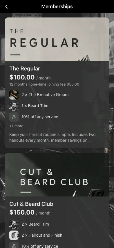 Medlemskapsplaner i en varumärkt barbershop-app